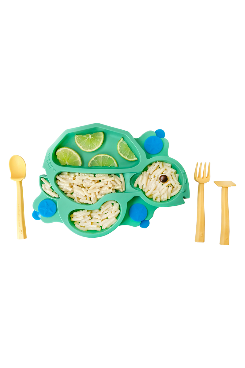 Suction Divided Plate with Utensils - Green Sea Turtle